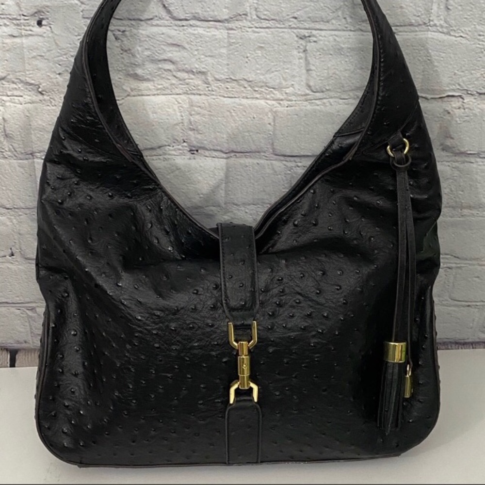 Black Ostrich Leather Hobo Handbag